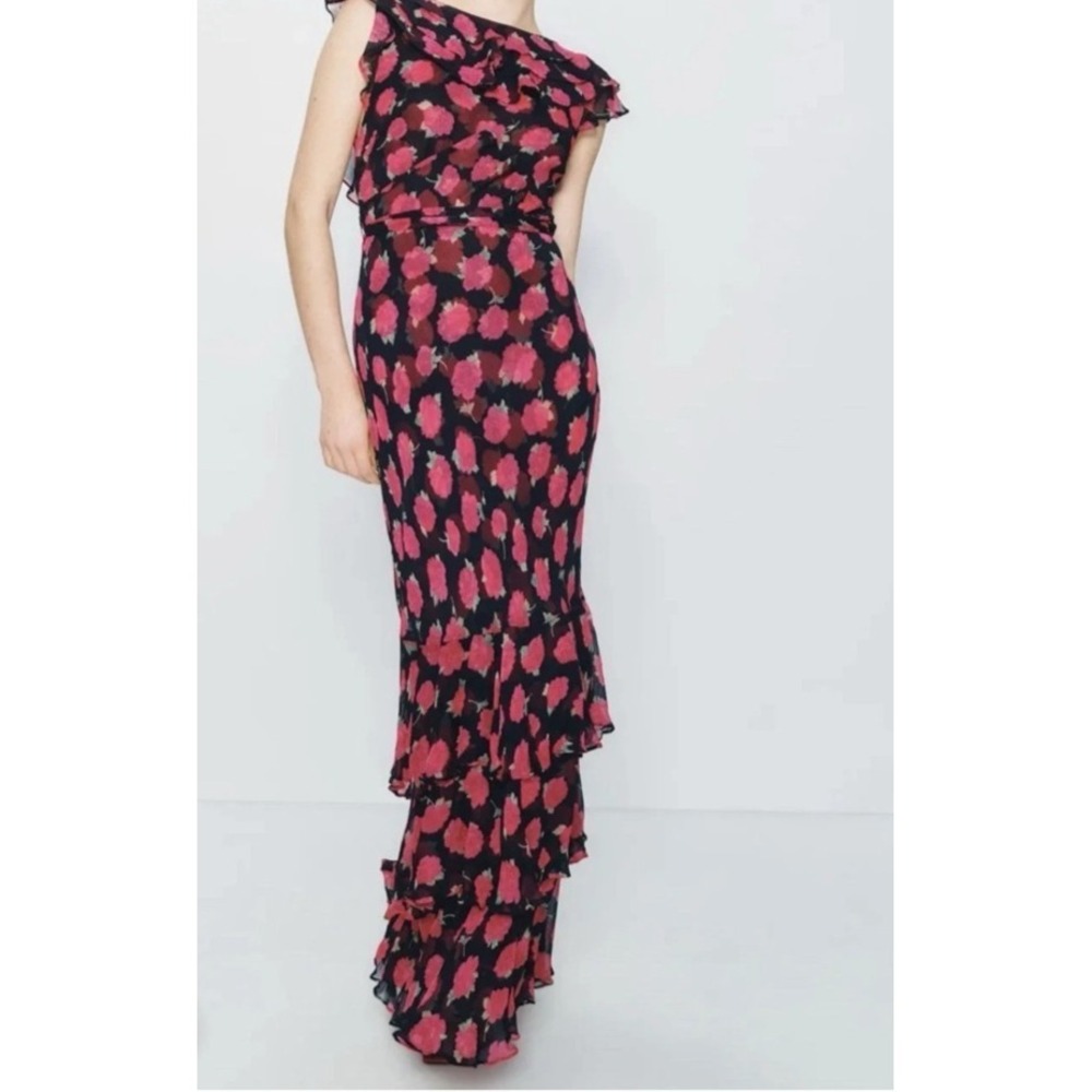 Rixo Rio Dress Womens XS Black Pink Sheer Low Back Flutter Sleeve Tiered Maxi